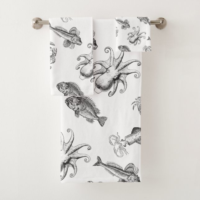 Vintage Sea Creatures Ocean Fantasy Bath Towel Set (Insitu)