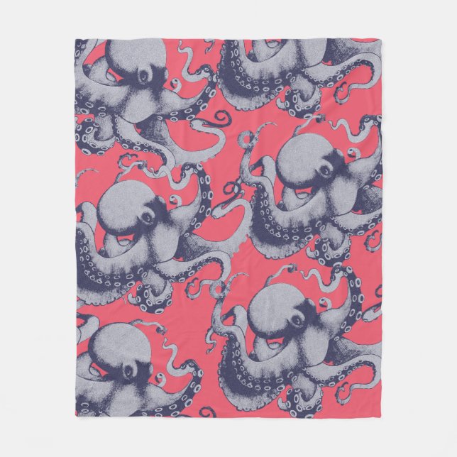 Vintage Sea Creatures Octopus Fleece Blanket (Front)