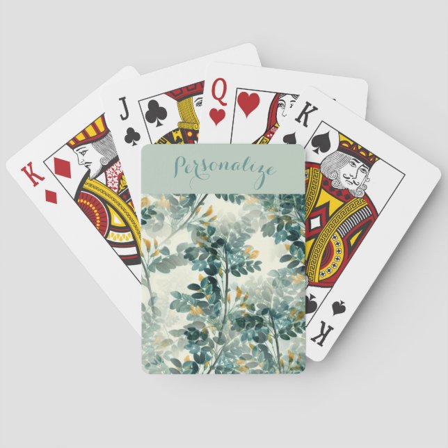 Vintage Sea Green Foliage Leaves Elegant Pattern Playing Cards (Back)