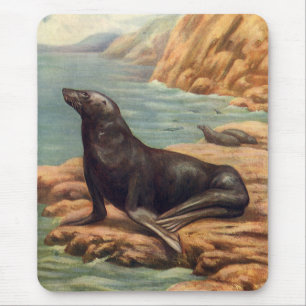 Vintage Sea Lion by the Seashore, Marine Mammals Mouse Mat