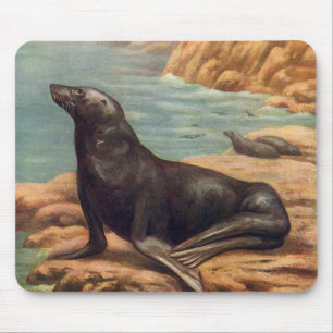 Vintage Sea Lion by the Seashore, Marine Mammals Mouse Mat