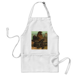 Vintage Sea Lions on the Beach, Marine Life Animal Standard Apron