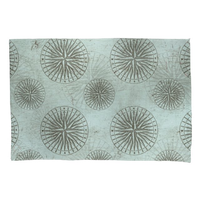 Vintage Sea Shanty | Steampunk Compass Ephemera Pillowcase (Front)