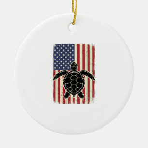 Vintage Sea Turtle American Flag Patriotic Shirt D Ceramic Tree Decoration