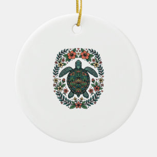 Vintage Sea Turtle Floral Vector Design_1 Ceramic Tree Decoration