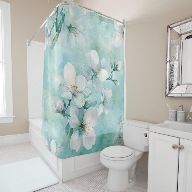 Vintage Seafoam Green Floral Shower curtain (In Situ)