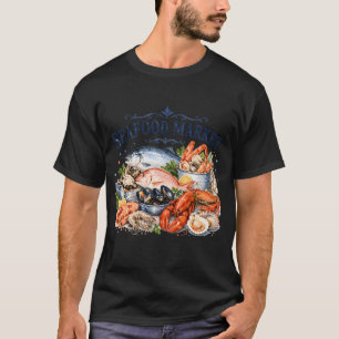 Vintage Seafood Market Watercolor Coastal Foodie C T-Shirt