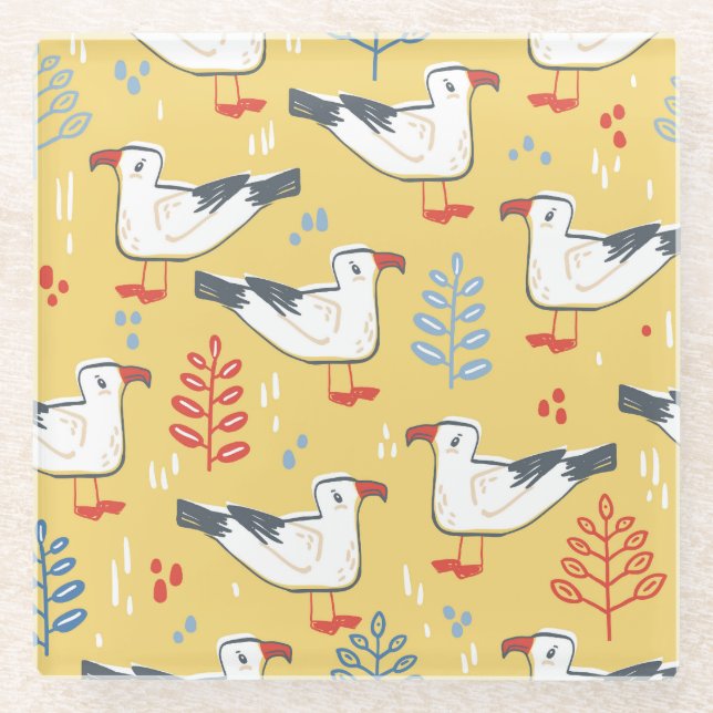 Vintage Seagull Leaves Natural Pattern Glass Coaster (Front)