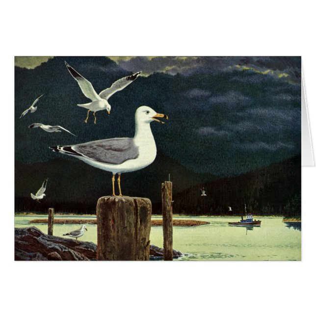 Vintage Seagull Perched Pier, Marine Birds Animals (Front Horizontal)