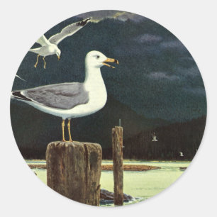 Vintage Seagull Perched Pier, Marine Birds Animals Classic Round Sticker