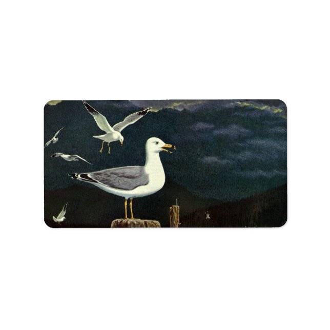 Vintage Seagull Perched Pier, Marine Birds Animals Label (Front)