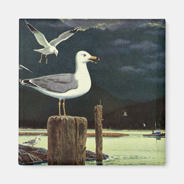 Vintage Seagull Perched Pier, Marine Birds Animals Magnet (Front)