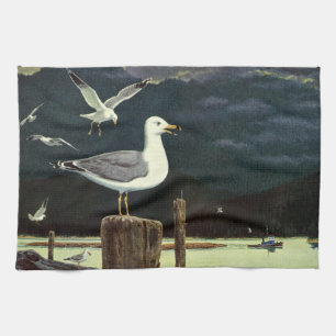 Vintage Seagull Perched Pier, Marine Birds Animals Tea Towel