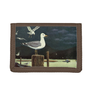 Vintage Seagull Perched Pier, Marine Birds Animals Tri-fold Wallet