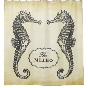 Vintage Seahorse Family Name Antique Old Texture Shower Curtain