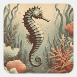 Vintage Seahorse Illustration Antique Art Square Sticker