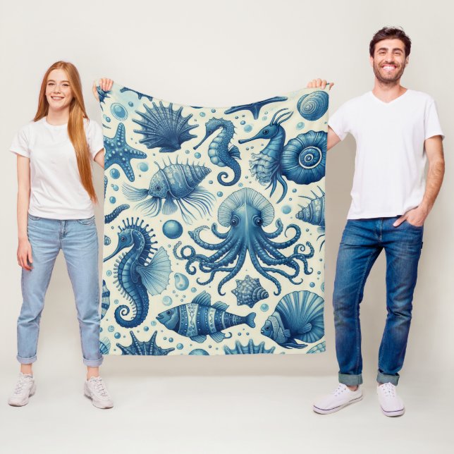Vintage Sealife Animals Pattern Fleece Blanket (In Situ)
