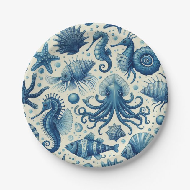 Vintage Sealife Animals Pattern Paper Plate (Front)