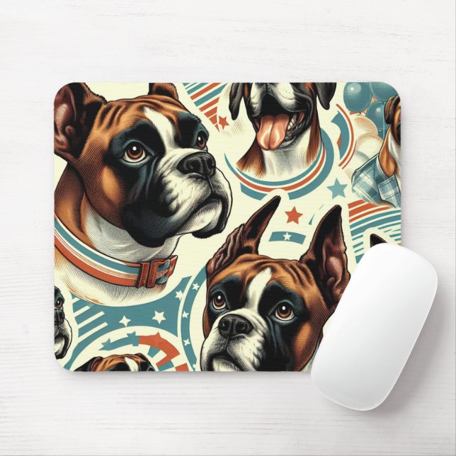 Vintage Seamless Boxer Dog Illustration Mouse Mat (With Mouse)