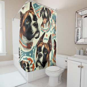 Vintage Seamless Boxer Dog Illustration Shower Curtain