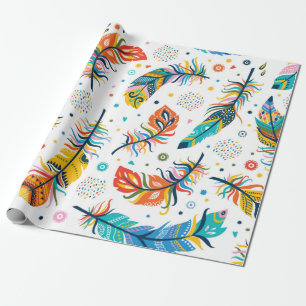 Vintage seamless feathers pattern in boho style wrapping paper