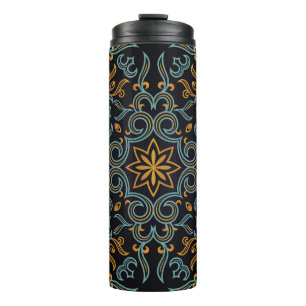 Vintage seamless gold and blue pattern with art or thermal tumbler