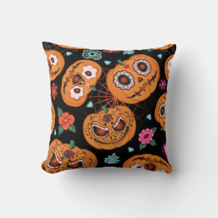 vintage seamless pattern for Halloween. Pumpkin, f Cushion