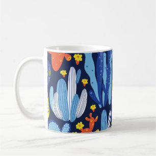 vintage seamless pattern with cactus on dark blue coffee mug