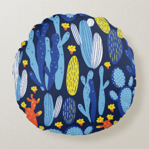 vintage seamless pattern with cactus on dark blue round cushion