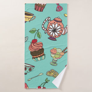 vintage seamless pattern with cakes bath towel