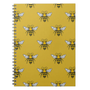 Vintage seamless pattern with yellow bees. Handdra Notebook