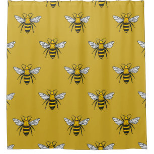 Vintage seamless pattern with yellow bees. Handdra Shower Curtain