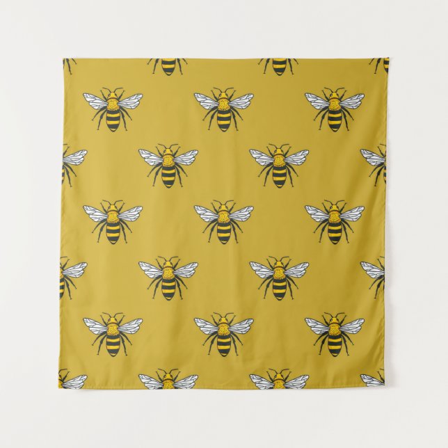 Vintage seamless pattern with yellow bees. Handdra Tapestry (Front)