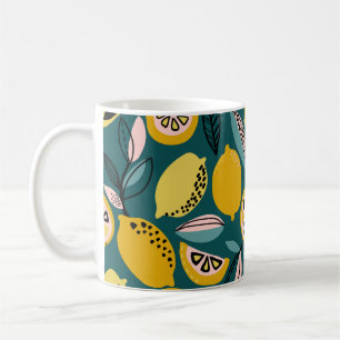 Vintage seamless pattern with yellow lemons,branch coffee mug