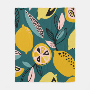 Vintage seamless pattern with yellow lemons,branch fleece blanket