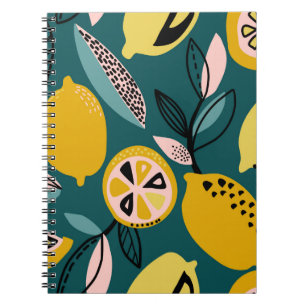Vintage seamless pattern with yellow lemons,branch notebook