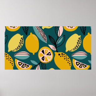 Vintage seamless pattern with yellow lemons,branch poster