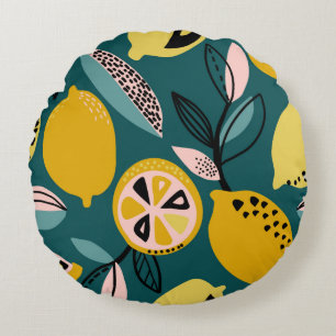 Vintage seamless pattern with yellow lemons,branch round cushion