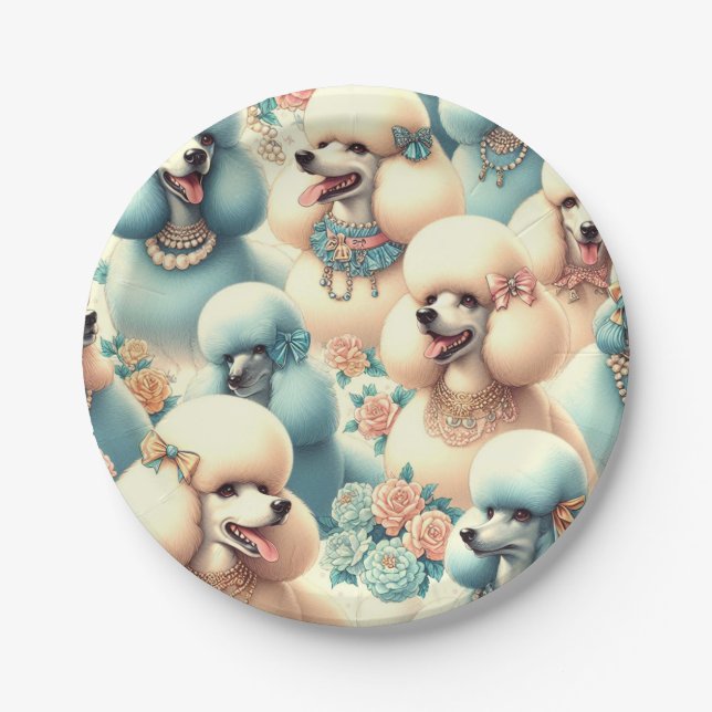 Vintage Seamless Poodle Illustration Paper Plate (Front)