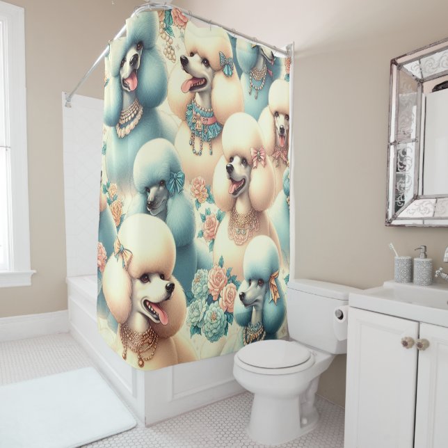 Vintage Seamless Poodle Illustration Shower Curtain (In Situ)