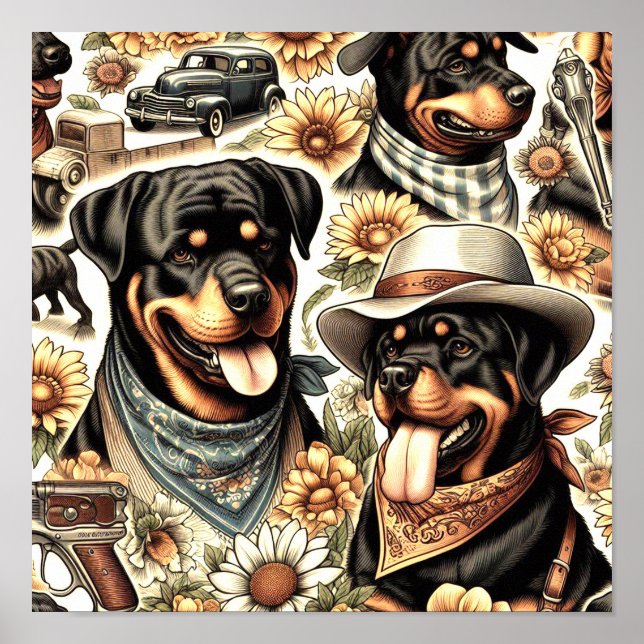 Vintage Seamless Rottweiler Illustration Poster (Front)