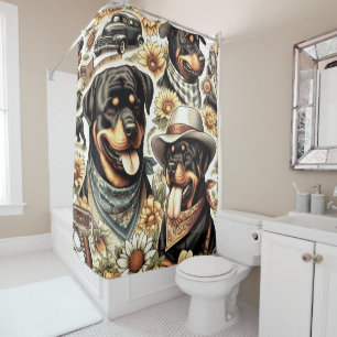 Vintage Seamless Rottweiler Illustration Shower Curtain