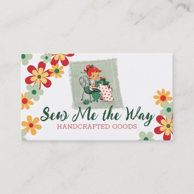 Vintage seamstress sewing machine redhead girl business card (Front)