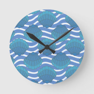 Vintage Seashell And Waves Pattern Round Clock