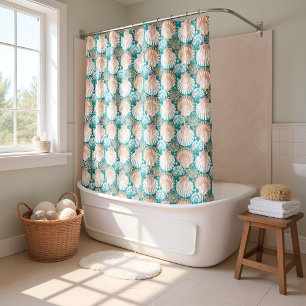 Vintage Seashell Pattern in Teal and Sand Shower Curtain