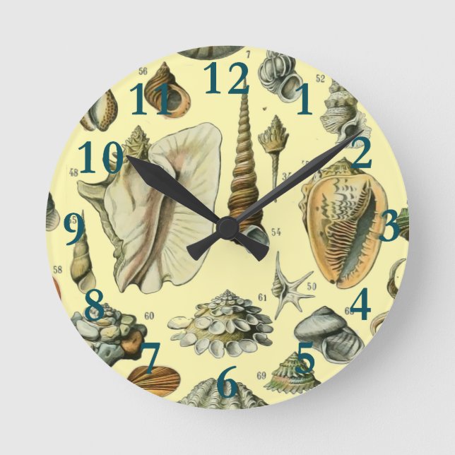 Vintage Seashell Print Adolphe Millot Coastal  Round Clock (Front)