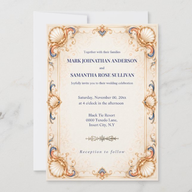 Vintage Seashell Wedding Coastal Luxury  Invitation (Front)