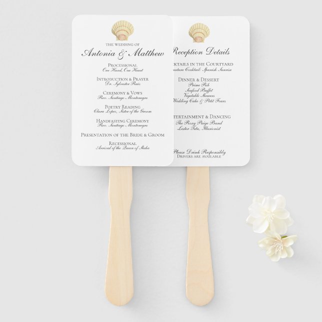 Vintage Seashell Wedding Program Menu Combination Hand Fan (Front and Back)