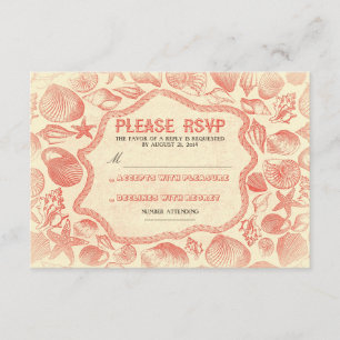 vintage seashells coral beach wedding RSVP card