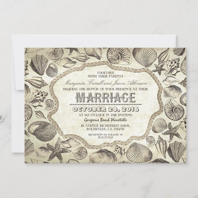 vintage seashells nautical beach wedding invites (Front)